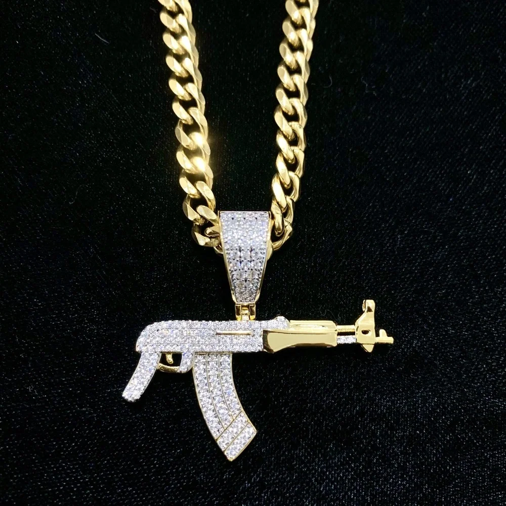 NEW 18K GOLD CUBAN LINK CHAIN AK 47 CHARM LAB DIAMONDS ITALY *LIFETIME WARRANTY*